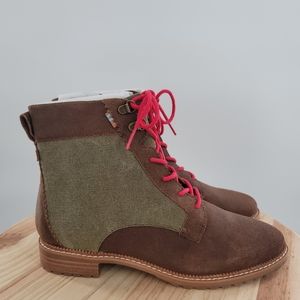 TOMS WOMEN'S NOLITA BROWN WAXY SUEDE WASHED CANVAS LACE-UP ANKLE BOOTIES SZ 6.5